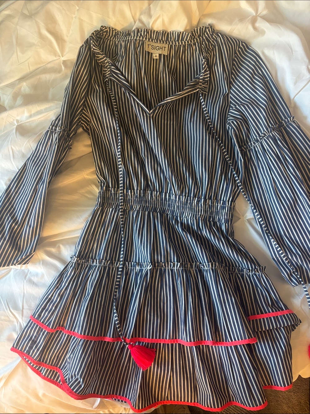 1st SIGHT Navy & White Striped Ruffle Dress with Pink Trim